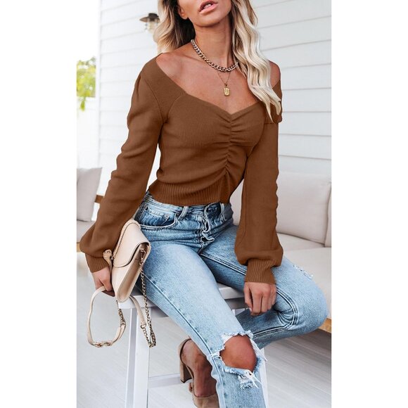 Long Sleeve Cropped Sweater Women Off Shoulder V Neck Ruched Ribbed Knit - Picture 3 of 5